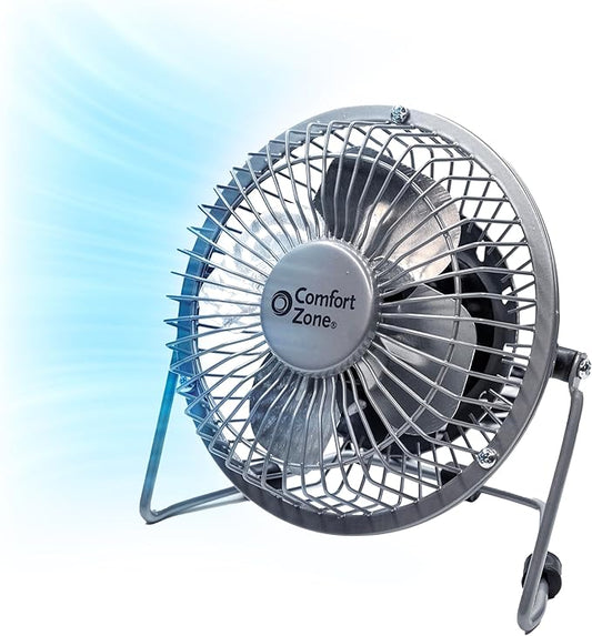 Comfort Zone 4-inch All-Metal Mini Desk Fan – High Velocity Portable USB Fan with 120V Wall Adapter, 360° Adjustable Tilt & Quiet Operation – Compact Electric Table Fan for Office, Home & Travel