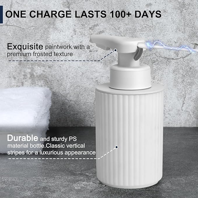 Automatic Soap Dispenser Liquid Touchless: 9oz White Plastic - Rechargeable Electric Smart Auto Hand Soap Dispenser - Dish Bathroom Kitchen
