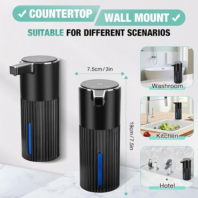2 Pack Automatic Soap Dispenser: 14oz Plastic - Foaming Touchless 4 Level Adjustable Wall Mount Foam Black Rechargeable Electric Auto Smart Soap Dispenser Set - Bathroom Kitchen Hand Dish Lotion