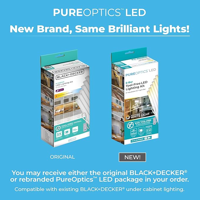 PureOptics LED Under Cabinet Lighting Kit, Motion Sensor, Dimmable, Linkable, 3 Color Settings, Tool-Free, for Kitchen, Pantry, Cabinets, Closets, Office (6) 9" Bars
