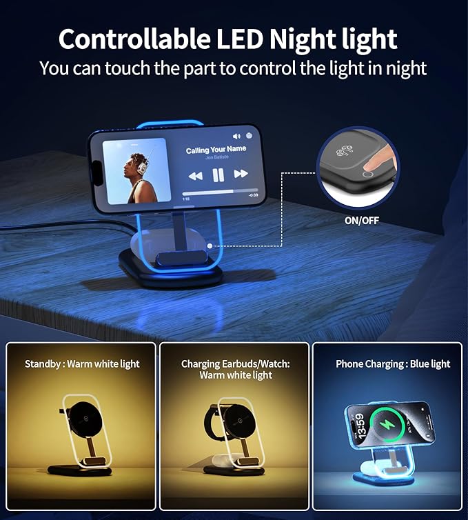 3 in 1 Magnetic Wireless Charging Station for Apple Devices, Fast Foldable Travel Mag-Safe Charger Stand with Night Light for iPhone 17 16 15 14 13 12 Series, Apple Watch/AirPods Pro-Gift for Friends