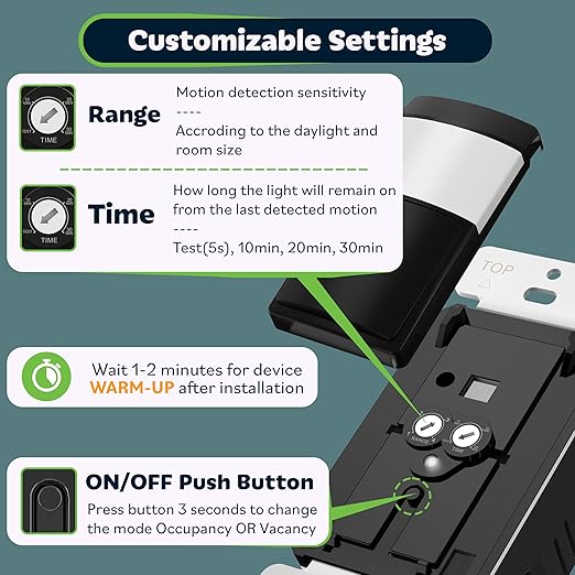 TOPGREENER PIR Motion Sensor Light Switch, Occupancy & Vacancy Motion Sensor Switch, Operable Without Ground Wire, No Neutral Wire, Single Pole, TDOS5-HL-BK-2PCS, Black