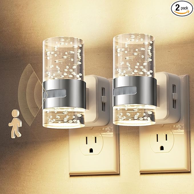 L LOHAS LED Motion Sensor Night Light,Dimmable Night Lights Plug into Wall, 2 Pack 3000K Night-Lights with 0-100 LM Adjustable, Acrylic Bubble Plug in Nightlight for Bathroom Hallway Nursery