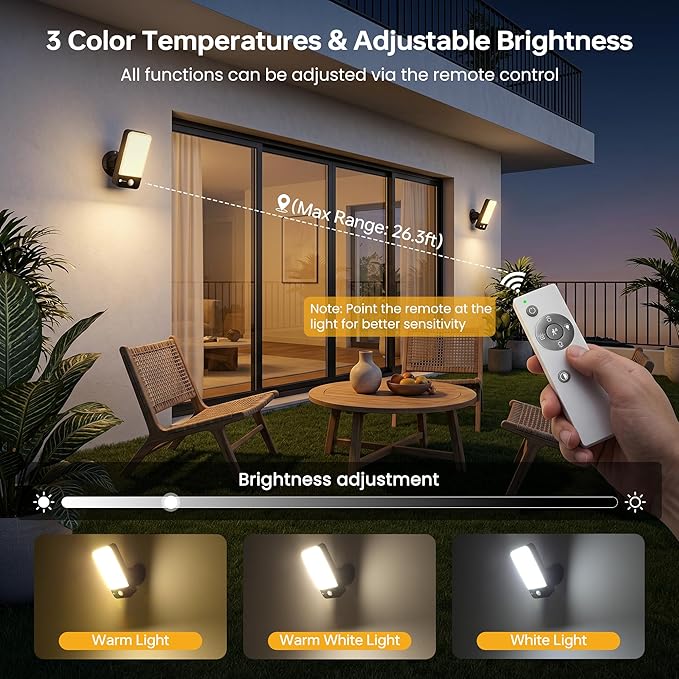 ropelux Motion Sensor Outdoor Lights, 800LM Super Bright Rechargeable Motion Sensor Light, 3CCT Dimmable 3 Modes Remote Control, Waterproof Battery Operated Security Lights for Porch Garage Patio 1PC
