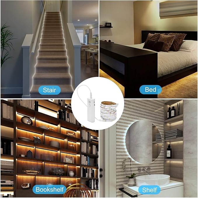Rechargeable LED Strip Lights for Cabinets - LUXJET 2M Cool White Motion Sensor led Strip Lights for Bedroom, Kitchen, Under Cabinet, TV, Stairs, Door Frame