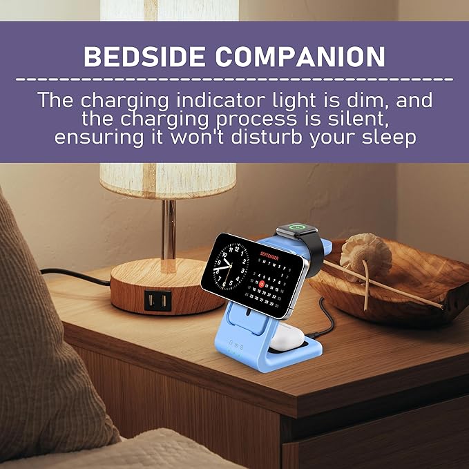 Smtcsl 3 in 1 Wireless Charging Station: 5000mAh Removable Power Bank Charger Stand for Phone/Watch/Air Pods - Portable Magnetic Battery Pack for Air 17 16 15 14 13 12 Series Blue