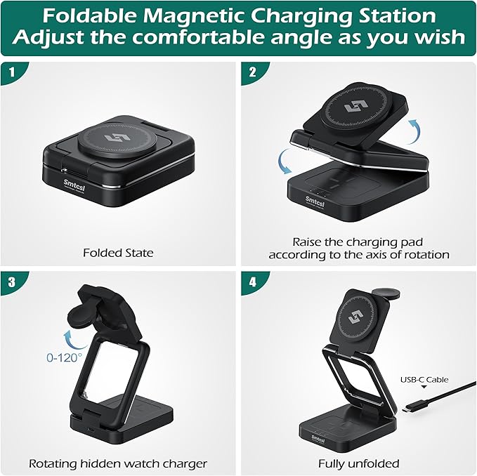 Smtcsl 3-in-1 Foldable Wireless Charging Station: Magnetic Charger Pad Compatible with Phone air 17 16 15 14 13 12 Series/Watch/Air Pods - Portable Folding Stand for Travel