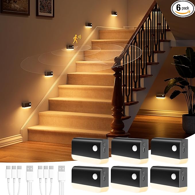 NIORSUN Motion Sensor Stair Lights Indoor, 6 Pack Rechargeable Wireless Step Lights with 3 Color Temperatures, 1200mAh Battery, Magnetic Base for Hallway, Closet, Bathroom, Black