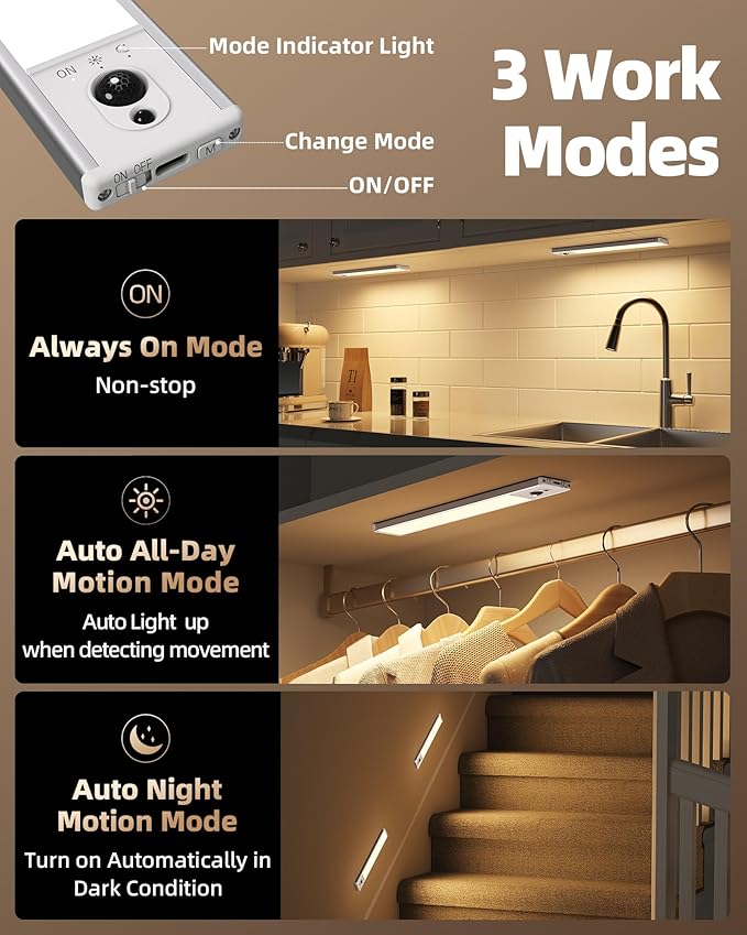 EZVALO 3-Pack Under Cabinet Lighting, 2400mAh Motion Sensor Light, LED Closet Lights Wireless, 3000K Dimmable, Timer, Magnetic, with Remote Control for Kitchen, Closet, Stairs