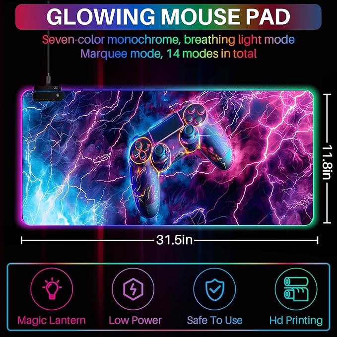 XL Led Gaming Mouse Pad with 14 Light Modes - Light Up Gamer Mouse Pad,31.5 x 11.8in Non-Slip Gamepad Style RGB Large Gamer Mousepad,Black Long Glowing Gaming Accessories for Desk,Waterproof