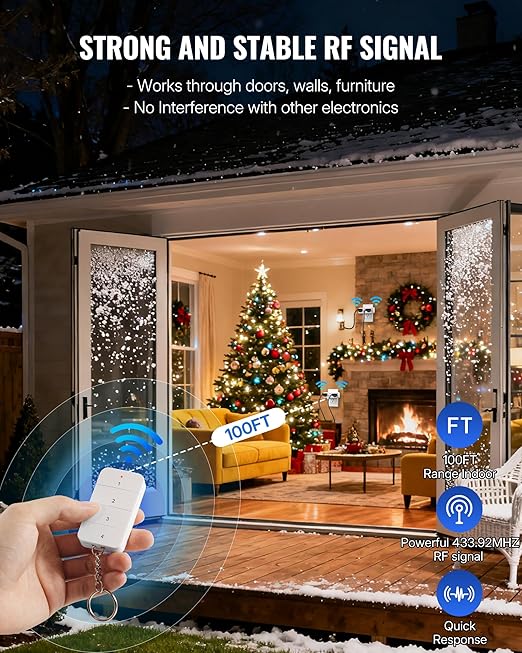Remote Control Outlet with 4 Independent Control Sockets, WILAWELS Wireless Light Switch, Expandable Remote Outlet Switch forChristmas Tree Lights, String Lights, 15A/1875W/125V, FCC Listed