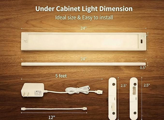 24 Inch Under Cabinet Lights Plug in 2 Pack, Hand Wave Activated, Linkable Under Cabinet Lighting with 5 CCT - 2700K-6000K & Stepless Dimmable, Under Counter Light for Kitchen, 600 Lumens, 10W
