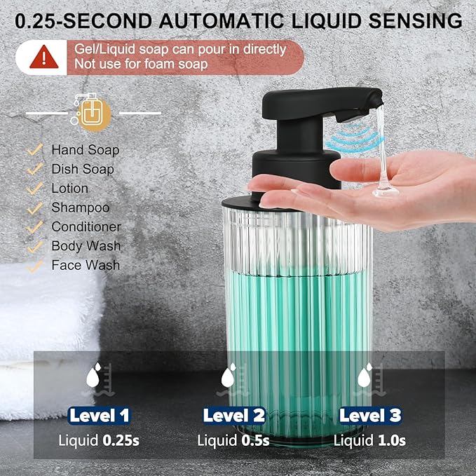 Automatic Soap Dispenser Liquid Touchless: 9oz Black Plastic - Rechargeable Electric Smart Auto Hand Soap Dispenser - Dish Bathroom Kitchen