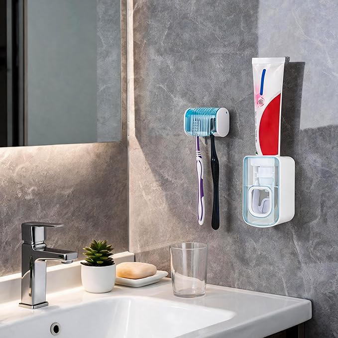 2 Slots Wall Mount Toothbrush Holder with Cover, Self Adhesive Toothbrush Storage Organizer for Shower, Toothbrush Hanger with Automatic Toothpaste Squeezer Dispenser(Blue)