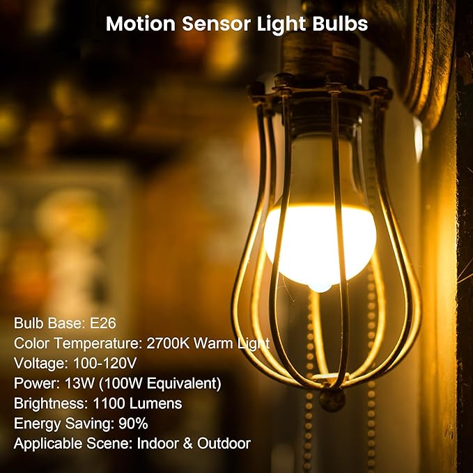 Motion Sensor Light Bulbs, 13W (100Watt Equivalent), Motion Activated Dusk to Dawn Security LED Bulb, 2700K Warm White, Energy-Efficient, for Indoor and Outdoor Lighting, Porch, Stairs, Hallway 2Pack