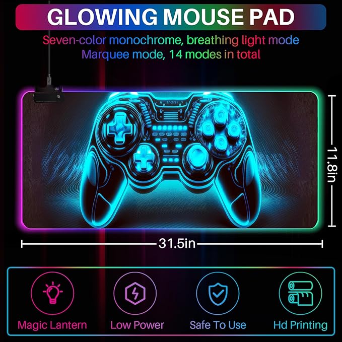 XL Led Gaming Mouse Pad with 14 Light Modes - Light Up Gamer Mouse Pad,31.5 x 11.8in Non-Slip Gamepad Style RGB Large Gamer Mousepad,Black Long Glowing Gaming Accessories for Desk,Waterproof