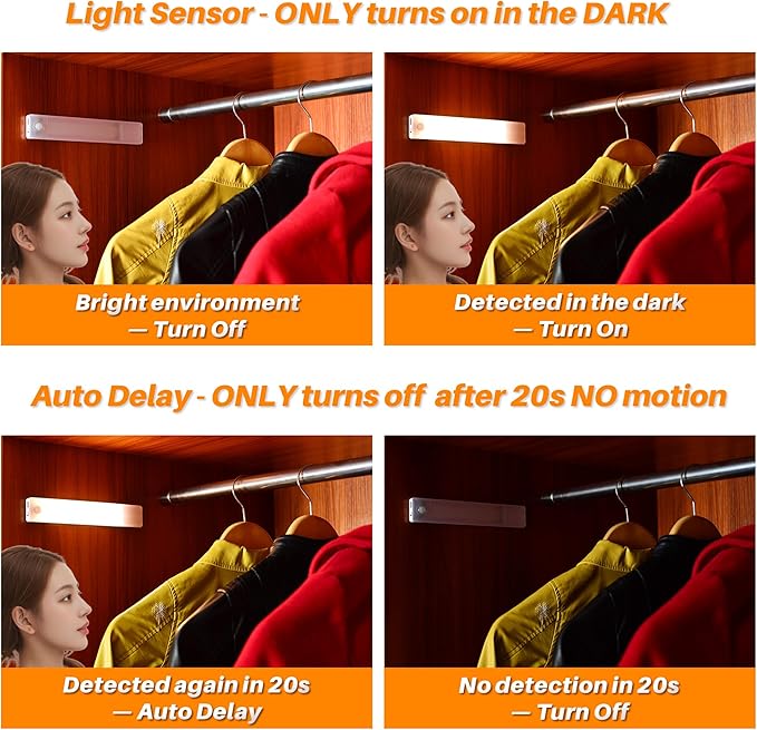 STAR-SPANGLED Under Cabinet Lighting Rechargeable, 8 inch Motion Sensor Lights Indoor Battery Operated, USB Stick on LED Magnetic Closet Light for Counter, Stairs, Kitchen, Warm White, 2 Pack
