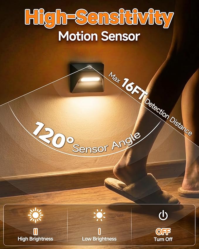 6 Pack Motion Sensor Stair Lights, 2200mAh Rechargeable Night Light with Magnetic Mount, Stick-On Lights for Stairs Hallway Bedroom Kitchen Bathroom Closet Cabinet (Black)