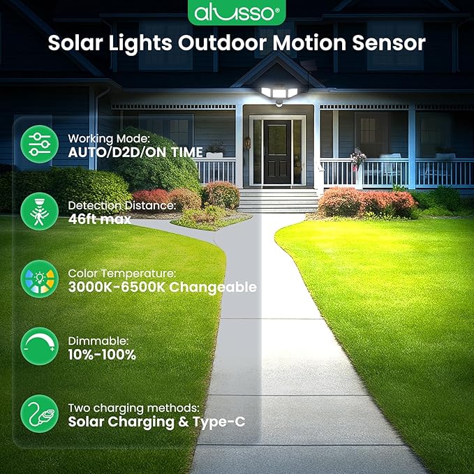 ALUSSO Solar Lights Outdoor Motion Sensor, 400LM LED Security Lights w/Remote, Dusk to Dawn/Auto/On Time Modes, CCT Adjustable 3000K-6500K, Dimmable IP54 Flood Wall Light for Garden Yard(1 Pack)