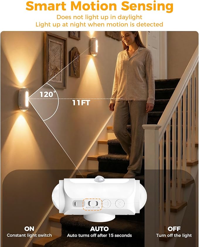 Motion Sensor Wall Light, Rechargeable Wireless Sconce Set of 2, Wireless No Hardwire 3CCT Wall Lamps, Magnetic Battery Operated Indoor Lighting for Hallway, Stairs, Bedroom, Bathroom, Closet Decor