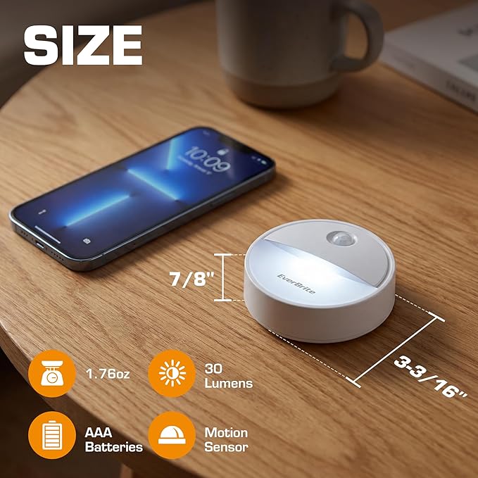 EverBrite LED Motion Sensor Night Light, Automated On & Off, Cool White Motion Activated LED Night Light for Kitchen, Bathroom, Stairs, Bedroom - with 18 AAA Batteries, 6-Pack