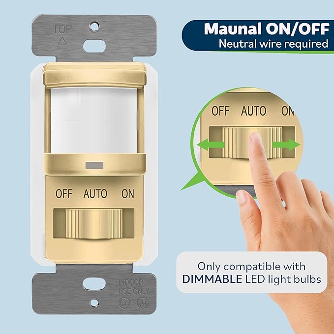 TOPGREENER in Wall PIR Motion Sensor Light Switch, Occupancy Sensor Switch, Neutral Wire Required, On/Off Override, Single Pole, 4A, 500W, Wall Plate Included, TSOS5-GDSWP, Gold