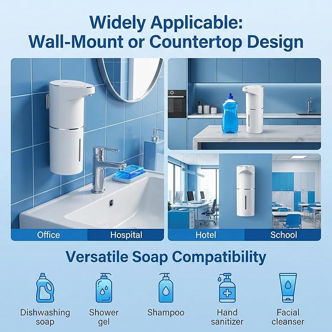 Automatic-Foaming-Soap-Dispenser-Touchless,Type C Rechargeable White Hand Soap Dispenser 13oz/350ml with 3 Foam Levels Wall Mounted & Countertop Design for Kitchen Bathroom IPX5 Waterproof
