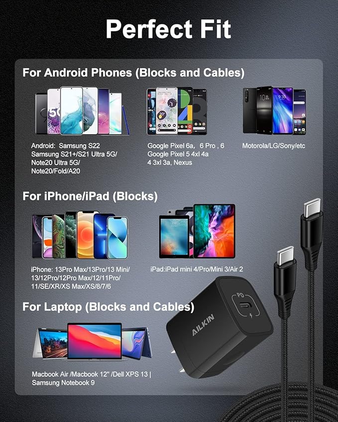 iPhone 17 16e USB C Wall Charger Adapter [60W/6FT] USB Type-C to USB-C Cable, Fast Charging 3.0 Block Plug Cube Brick Box, Android USBC to C Phone Power Charger Cord for iPhone 16e 16 Pro Max Plus 15