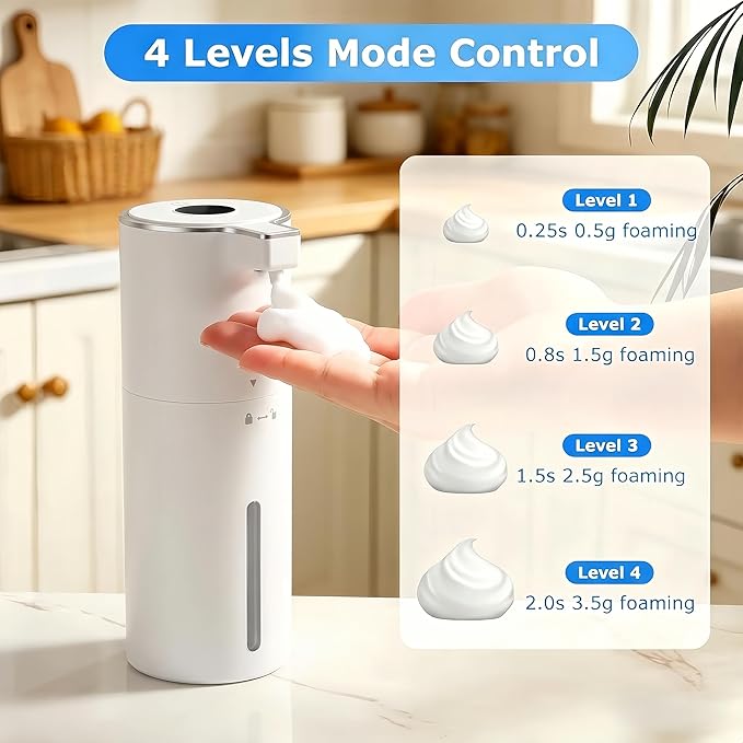 Automatic Foaming Soap Dispenser Touchless Upgrade Pump Uneasy Plugging Wall Mounted USB Rechargeable, 4-Level Adjustable 13.52oz Modern Electric Hand Soap Dispenser Kitchen Bathroom Kids Family White