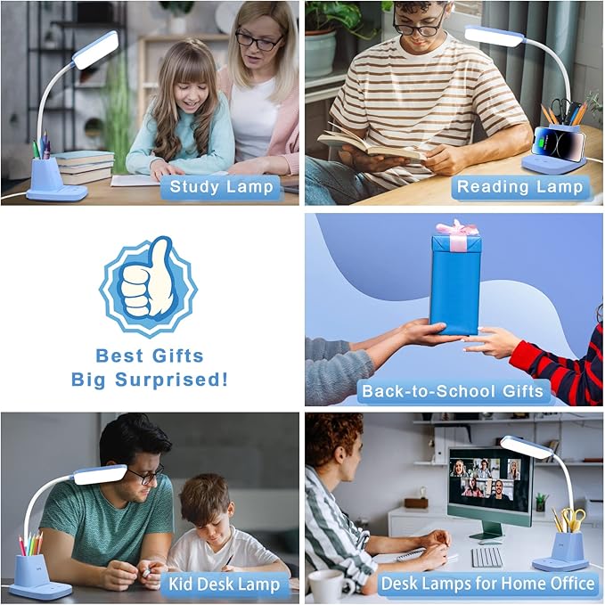 Small Desk Lamp, Blue Desk Lamp with Pen Holder, Wireless Charger LED Desk Lamps for Home Office, 800LM Flexible Arm 3 Modes Dimmable Touch Cute Desk Lamps, Study Lamps for College Dorm Room