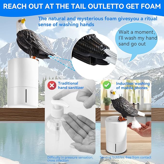 Peace Bird Foam Soap Dispenser-Pigeon and Bald Eagle Shaped Foam Hand Washer, Suitable for Kitchen and Bathroom, Automatic Liquid Soap Dispenser, Touchless Battery Powered Hand Washer (Bald Eagle)