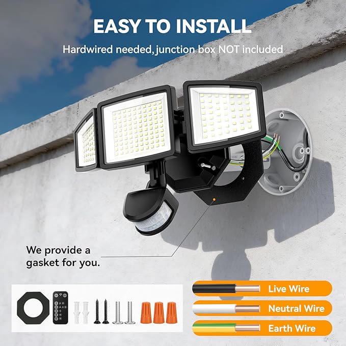 LED Security Lights Motion Sensor Light Outdoor, 7000LM, 6500K, Waterproof, Flood Light Outdoor Motion Detector with Adjustable 3 Head, Hardwired Wall Light for Entryway, Yard, Garage