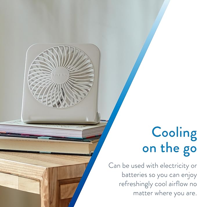 Treva 5-Inch USB and Battery Powered Desk Fan With Two Cooling Speeds and Adjustable Tilt, Small USB Fan Cubicle Accessories Durable and Long Lasting (White)