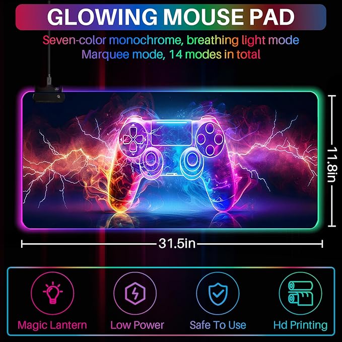 XL Led Gaming Mouse Pad with 14 Light Modes - Light Up Gamer Mouse Pad,31.5 x 11.8in Non-Slip Gamepad Style RGB Large Gamer Mousepad,Black Long Glowing Gaming Accessories for Desk,Waterproof