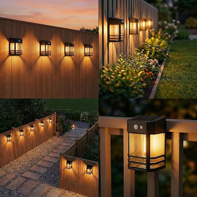 btfarm Solar Fence Lights, 4 Pack Motion Sensor Lights Outdoor, 3 Lighting Modes Dusk to Dawn Solar Deck Lights, IP65 Waterproof for Fence Post Wall Stairs Patio Backyard