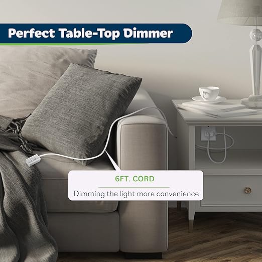 TOPGREENER Table-Top Plug in Dimmer for Table or Floor Lamps, Slide Control, Works with 360 Watt Incandescent/Halogen and 150 Watt Dimmable CFL/LED, Off at Lowest dim, 6ft Cord, TGTTDL300-W, White