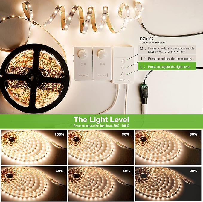 RAYZEEK Wireless Motion Activated LED Strip Lights,19.7FT LED Strip Lights with Power Adapter,Wireless Motion Sensor Control Dimmer,Timing,Warm White (1×Controller+2×Motion Sensor)