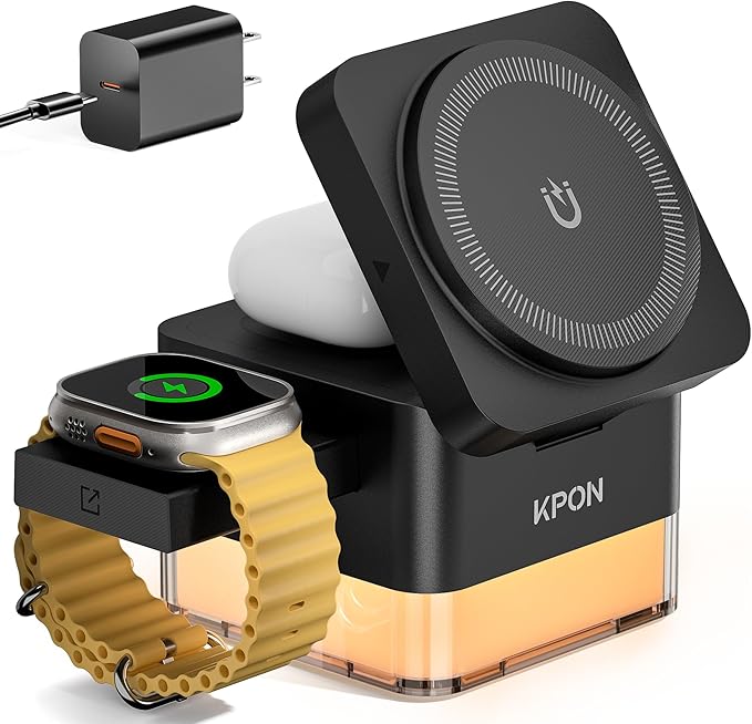 KPON 3 in 1 MagSafe-Compatible Charging Station for Apple, Nightstand Fast Wireless Charger, Foldable Cube, Charging Stand with Night Light, for iPhone 17/16/15/14/13/12, Apple Watch/AirPods, Black