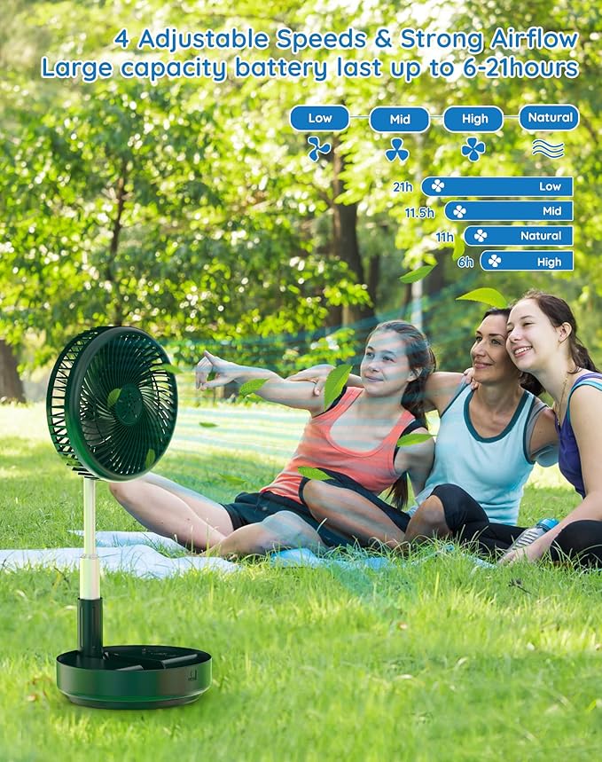 Primevolve Portable Fan, |21H Battery|7200mAh Rechargeable Oscillating Fan with Remote, Foldable Telescopic 7.7" for Travel Camping Cruise Hotel Bedroom, Green