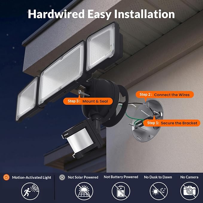 LEPOWER LED Motion Sensor Security Lights, 3 Head Motion Detected, 38W, 4200LM, Waterproof IP65, 5500K, Full Metal for Outdoor, Garage, Porch, Yard (Black)