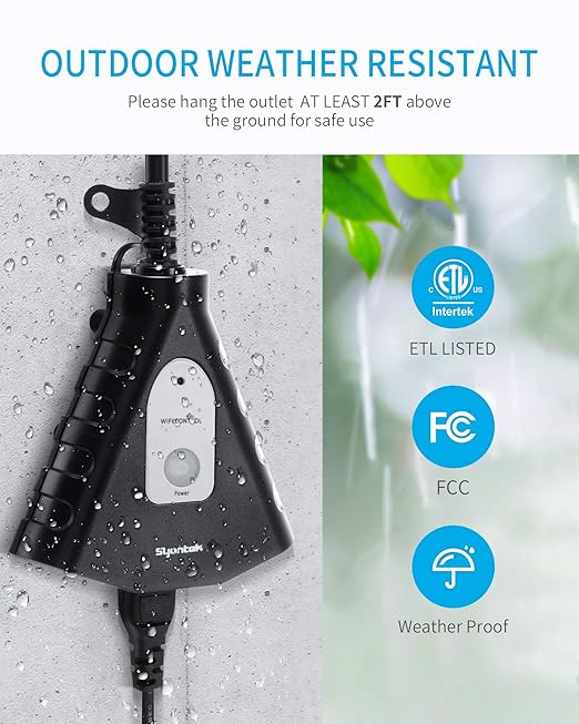 Syantek Outdoor WiFi Outlet, Outdoor Plug with 3 Ground Outlets, Compatible with Amazon Alexa, Google Assistant, Remote Control Outdoor Light Timer Outlet Waterproof, FCC Certified