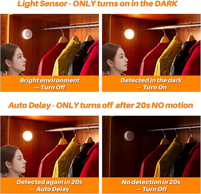 STAR-SPANGLED 3 Pack 2.8” Motion Sensor Lights Indoor AAA Battery Operated, Stick on LED Puck Light for Stairs, Under Cabinet, Closet, Warm White