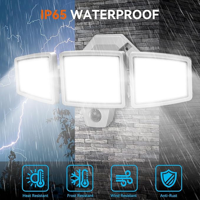 LED Security Lights Motion Sensor Outdoor Lights, 6500K Daylight, IP65 Waterproof, Dusk to Dawn, 3-Head Motion Detected Flood Light for Garage, Yard, Porch, White, 2 Pack