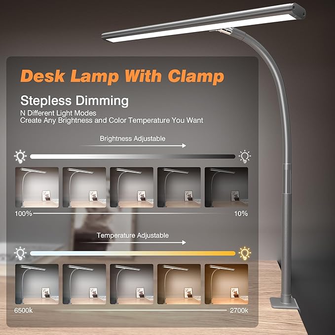 Airlonv LED Desk Lamp for Office Home, Eye-Caring Desk Light with Stepless Dimming Adjustable Flexible Gooseneck, 10W USB Adapter Desk Lamp with Clamp for Reading, Study, Workbench (Grey)
