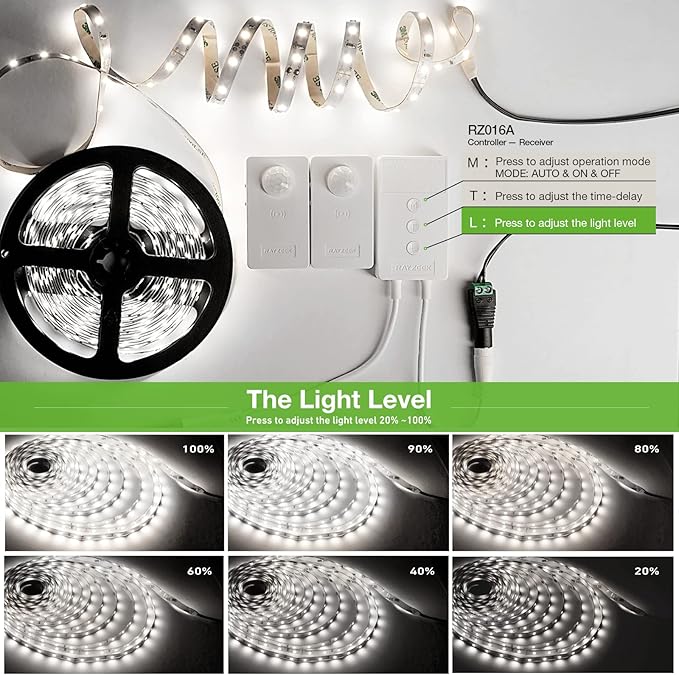RAYZEEK Wireless Motion Activated LED Strip Lights,19.7FT LED Strip Lights with Power Adapter,Wireless Motion Sensor Control Dimmer,Timing,Cool White (1×Controller+2×Motion Sensor)