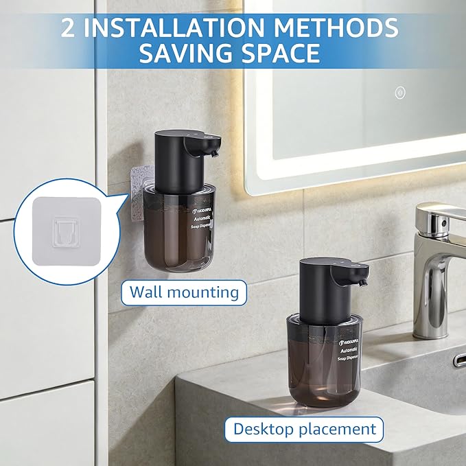 Automatic Foaming Soap Dispenser for Bathroom: 4-Level Adjustable Countertop/Wall Mount Hand Soap Dispenser, 13.5oz/400ml Type-C Rechargeable – Suitable for Kitchen, Bathroom, Office, Hotel (Black)