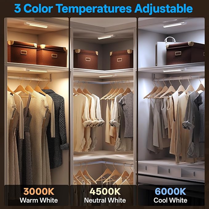 Under Cabinet Lighting with Charging Station,Rechargeable Motion Sensor Light Indoor,LED Closet Lights,3 Colors Dimmable,Magnetic for Kitchen,Wardrobe,Bedroom,Drawer 3Pack