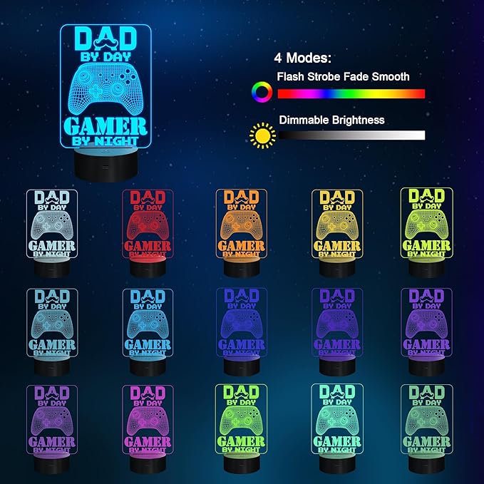YuanDian Gamer Gifts for Dad, Dad by Day Gamer by Night Funny 3D Illusion Lamp 16 Colors Changing Touch & Remote Control, Desk Decor Gift for Birthday, Christmas, Father’s Day