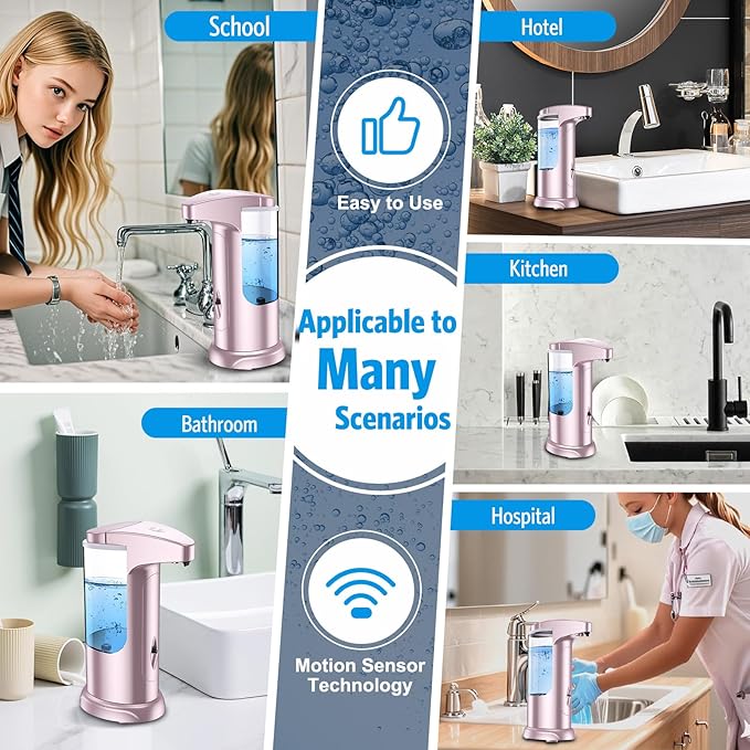 AMIR 12.5oz Touchless Automatic Soap Dispenser, Battery Operated Automatic Liquid Hand Soap Dispenser, Adjustable Volume, Water-Resistant for Kitchen and Bathroom,Pink
