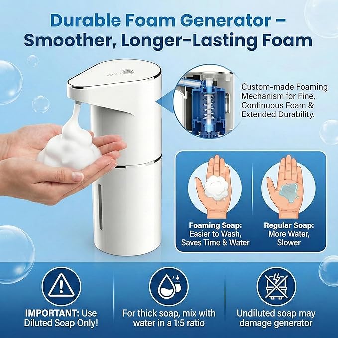 Automatic-Foaming-Soap-Dispenser-Touchless,Type C Rechargeable White Hand Soap Dispenser 13oz/350ml with 3 Foam Levels Wall Mounted & Countertop Design for Kitchen Bathroom IPX5 Waterproof